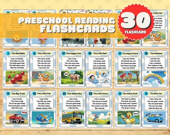 Puede incluir: Un conjunto de 30 tarjetas didácticas de lectura preescolar. Cada tarjeta presenta una ilustración colorida y texto sencillo. Las tarjetas cubren varios temas, incluyendo animales, objetos y actividades, diseñadas para el desarrollo de la alfabetización temprana.