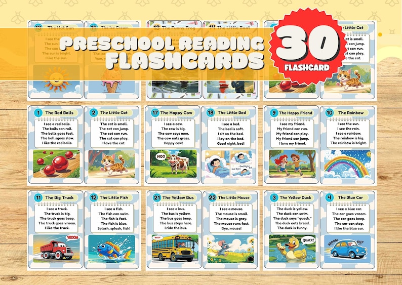 Puede incluir: Un conjunto de 30 tarjetas did&aacute;cticas de lectura preescolar. Cada tarjeta presenta una ilustraci&oacute;n colorida y texto sencillo. Las tarjetas cubren varios temas, incluyendo animales, objetos y actividades, dise&ntilde;adas para el desarrollo de la alfabetizaci&oacute;n temprana.
