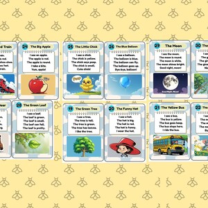 Puede incluir: Un conjunto de tarjetas ilustradas para ni&ntilde;os, con im&aacute;genes coloridas y frases sencillas. Las tarjetas presentan un tren rojo, una gran manzana, un pollito amarillo, un globo azul y una jirafa, entre otros temas.