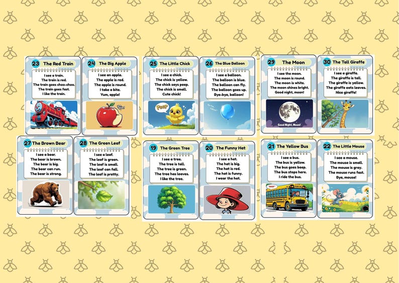 Puede incluir: Un conjunto de tarjetas ilustradas para ni&ntilde;os, con im&aacute;genes coloridas y frases sencillas. Las tarjetas presentan un tren rojo, una gran manzana, un pollito amarillo, un globo azul y una jirafa, entre otros temas.
