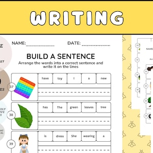 Può includere: Un foglio di lavoro stampabile per i bambini per esercitarsi a costruire frasi. Il foglio di lavoro ha tre esempi con illustrazioni colorate. Il primo esempio mostra un giocattolo pop-it arcobaleno, il secondo esempio mostra foglie verdi e il terzo esempio mostra una ragazza che indossa un vestito blu. Il foglio di lavoro include le parole "BUILD A SENTENCE" e "Arrange the words into a correct sentence and write it on the lines."