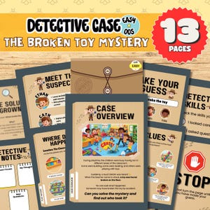 Puede incluir: Un juego de detectives para niños titulado "Detective Case: The Broken Toy Mystery". El juego incluye 13 páginas de pistas, perfiles de sospechosos y descripciones generales del caso. La portada presenta una carpeta marrón con el texto "Case Overview".