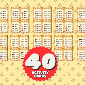 May include: A collection of 40 activity cards with a bakery theme. Each card features a list of baked goods with illustrations. The cards are arranged on a yellow background with a bee pattern. The text "List to Bake" is visible on each card.