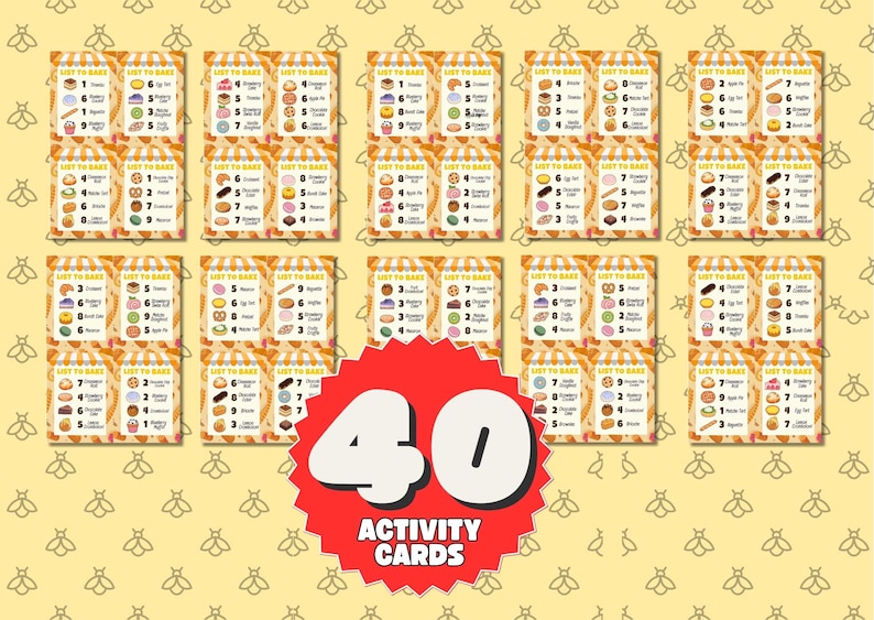 May include: A collection of 40 activity cards with a bakery theme. Each card features a list of baked goods with illustrations. The cards are arranged on a yellow background with a bee pattern. The text "List to Bake" is visible on each card.