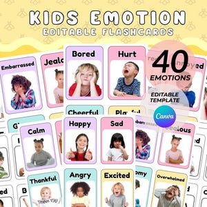 Emotion Printable Flash cards For Kids Template Emotion Face Communication Cards Feeling Canva Template Montessori Cards For Preschool