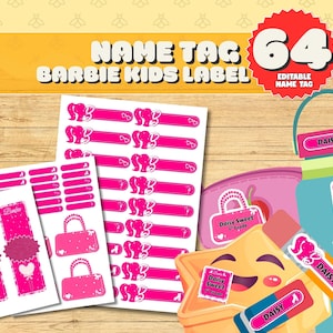 Puede incluir: Un conjunto de etiquetas y etiquetas con el tema de Barbie en color rosa. Las etiquetas presentan el texto "Name Tag Barbie Kids Label" y "64 Editable Name Tag". Varios diseños incluyen siluetas de Barbie, bolsos y el nombre "Daisy".
