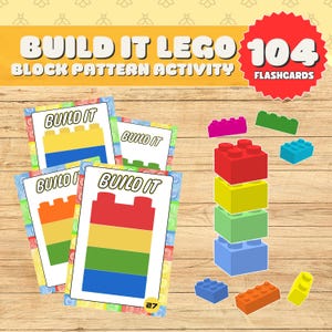 May include: A collection of colorful flashcards and building blocks. The cards feature block patterns with the text "BUILD IT." A stack of red, yellow, green, and blue blocks is displayed, along with individual blocks in various colors. The image also includes the text "BUILD IT LEGO BLOCK PATTERN ACTIVITY" and "104 FLASHCARDS."