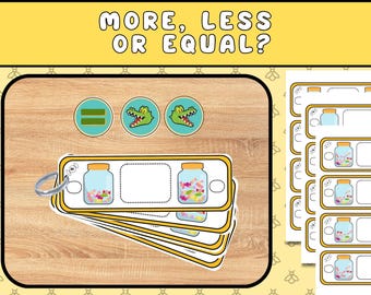 May include: A set of printable cards for a math game. The cards feature colorful jars with different numbers of candies. The game is designed to help children learn about more, less, and equal.