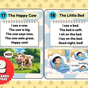 Puede incluir: Dos tarjetas did&aacute;cticas en una p&aacute;gina con ilustraciones y texto. Una tarjeta muestra una vaca en un campo con el texto "The Happy Cow". La otra tarjeta muestra a un ni&ntilde;o en la cama con el texto "The Little Bed".