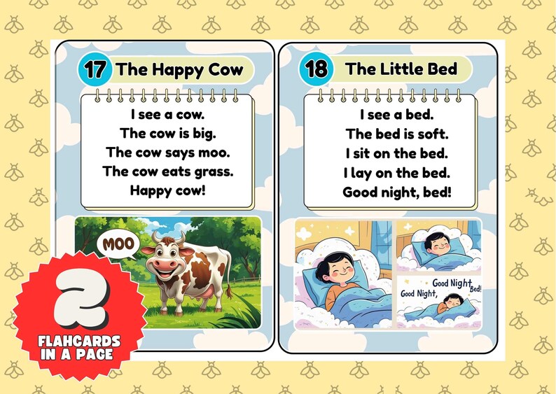 Puede incluir: Dos tarjetas did&aacute;cticas en una p&aacute;gina con ilustraciones y texto. Una tarjeta muestra una vaca en un campo con el texto "The Happy Cow". La otra tarjeta muestra a un ni&ntilde;o en la cama con el texto "The Little Bed".
