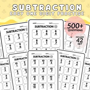 May include: Black and white printable worksheets for practicing subtraction with one-digit numbers. The worksheets include the title "SUBTRACTION" and "EASY ONE DIGIT PRACTISE". There are 42 sets of worksheets with over 500 questions.