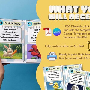 Puede incluir: Un imprimible educativo para ni&ntilde;os con tarjetas ilustradas y texto. Las tarjetas incluyen im&aacute;genes de un conejo con una zanahoria, una flor roja, un pollito, un globo azul, la luna y una jirafa. El texto incluye frases como "Veo un conejo" y "El conejo come una zanahoria."