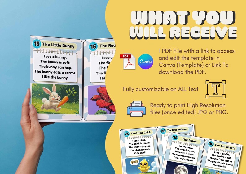 Puede incluir: Un imprimible educativo para ni&ntilde;os con tarjetas ilustradas y texto. Las tarjetas incluyen im&aacute;genes de un conejo con una zanahoria, una flor roja, un pollito, un globo azul, la luna y una jirafa. El texto incluye frases como "Veo un conejo" y "El conejo come una zanahoria."