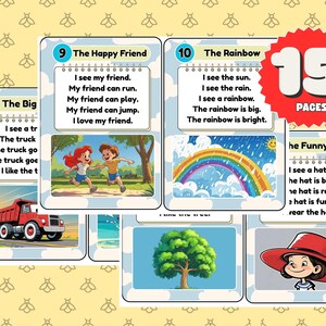 Puede incluir: Un conjunto de p&aacute;ginas de aprendizaje ilustradas para ni&ntilde;os. Las p&aacute;ginas presentan im&aacute;genes coloridas y texto sencillo, incluyendo un cami&oacute;n rojo, un arco&iacute;ris y un amigo feliz. Una insignia roja indica 15 p&aacute;ginas.