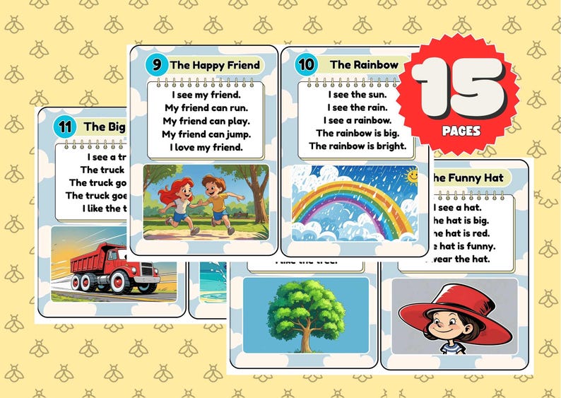 Puede incluir: Un conjunto de p&aacute;ginas de aprendizaje ilustradas para ni&ntilde;os. Las p&aacute;ginas presentan im&aacute;genes coloridas y texto sencillo, incluyendo un cami&oacute;n rojo, un arco&iacute;ris y un amigo feliz. Una insignia roja indica 15 p&aacute;ginas.