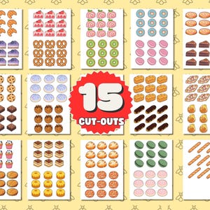 May include: A collection of 15 cut-out cards featuring various baked goods. The cards display illustrations of croissants, cakes, pretzels, cookies, donuts, and more. The cards are arranged on a yellow background with a bee pattern.