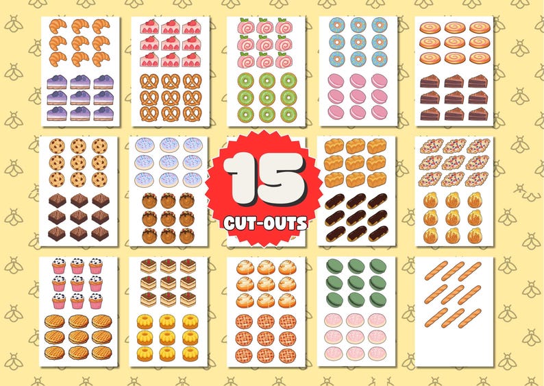 May include: A collection of 15 cut-out cards featuring various baked goods. The cards display illustrations of croissants, cakes, pretzels, cookies, donuts, and more. The cards are arranged on a yellow background with a bee pattern.