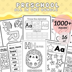 Könnte beinhalten: Eine Sammlung von schwarz-weißen Vorschul-Aktivitätsseiten. Die Seiten enthalten Übungen zum Nachzeichnen, Ausmalen und Erkennen von Buchstaben. Das Bild enthält den Text "PRESCHOOL ALL IN ONE BUNDLE" und "1000+ PAGES!"