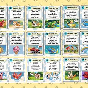 Puede incluir: Un cuadro educativo infantil con ilustraciones coloridas y frases sencillas. El cuadro incluye im&aacute;genes de una bola roja, un gato, un perro, una rana, un pato, un coche, el sol, helado, un cami&oacute;n, un pez, amigos, un arco&iacute;ris, un cerdo, un p&aacute;jaro, una vaca, una cama, un conejo y una flor.