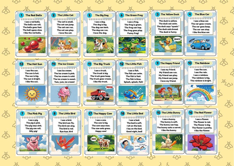 Puede incluir: Un cuadro educativo infantil con ilustraciones coloridas y frases sencillas. El cuadro incluye im&aacute;genes de una bola roja, un gato, un perro, una rana, un pato, un coche, el sol, helado, un cami&oacute;n, un pez, amigos, un arco&iacute;ris, un cerdo, un p&aacute;jaro, una vaca, una cama, un conejo y una flor.