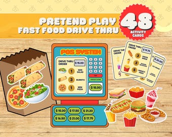 Peut inclure: Un ensemble de jeu de rôle de restauration rapide coloré avec un système de point de vente, des cartes d'activités et divers aliments comme des tacos, des pizzas et des hamburgers. L'ensemble comprend 48 cartes d'activités.