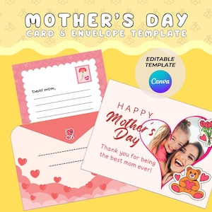 Plantilla de tarjeta editable para el Día de la Madre, tarjeta de felicitación imprimible para el Día de la Madre, plantilla de Canva para el Día de la Madre, carta de regalo para mamá