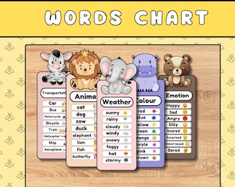 Tarjetas didácticas con tablas de palabras para preescolar, palabras de uso frecuente, actividad de lectura para jardín de infantes y educación en el hogar, tarjetas didácticas imprimibles de animales lindos para preescolar.