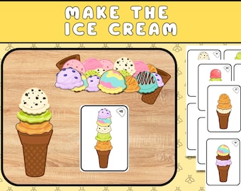 May include: A printable educational game for kids featuring a colorful ice cream cone with different flavors. The game includes a set of cards with different ice cream scoops to match the ice cream cone.