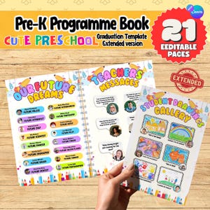 Puede incluir: Una plantilla de graduación Pre-K Programme Book con 21 páginas editables. El libro abierto muestra secciones coloridas tituladas Our Future Dreams, Teachers Messages y Student Drawings Gallery, con ilustraciones de cohetes, lápices y estrellas.
