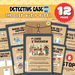 May include: A children's detective case game called "The Lost Water Bottle", with 12 pages. The game includes clues, case overview, and detective notes. The cover shows a brown folder with the word "CONFIDENTIAL". Designed for junior detectives.