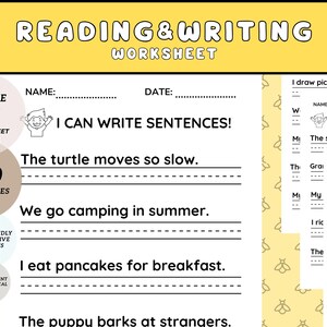 Puede incluir: Una hoja de trabajo en blanco y negro con el título "Reading & Writing Worksheet". La hoja de trabajo incluye 23 páginas con 100 oraciones para que los niños practiquen la escritura. Las oraciones incluyen: "The turtle moves so slow", "We go camping in summer", "I eat pancakes for breakfast" y "The puppy barks at strangers".