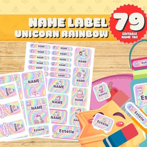 Könnte beinhalten: Eine Sammlung von Namensetiketten zum Thema Einhörner mit Regenbogenhintergründen. Die Etiketten zeigen die Wörter "Name" und "Estelle" sowie Einhorngrafiken. Das Bild enthält auch eine Wasserflasche, einen Bleistift und einen sternförmigen Behälter mit passenden Etiketten.