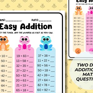 May include: A printable worksheet with two-digit addition problems for kids. The worksheet features colorful frogs and the text "Easy Addition" and "Set the timer. Add the numbers as fast as you can."