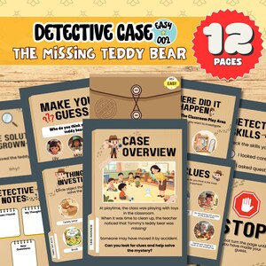 Op de afbeelding: Een detective-spel voor kinderen getiteld "Detective Case: The Missing Teddy Bear". Het spel bevat 12 pagina's met aanwijzingen en activiteiten. Het overzicht van de zaak toont een klaslokaal met kinderen en een lerares.