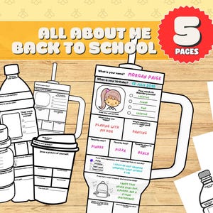 Pode incluir: Páginas imprimíveis a preto e branco "All About Me Back to School". As páginas têm a forma de garrafas de água, chávenas de café e uma caneca grande. A caneca tem o nome "MORGAN PAIGE" e a data "12 DE JULHO DE 2016" impressos. A imagem também tem o texto "5 PAGES".