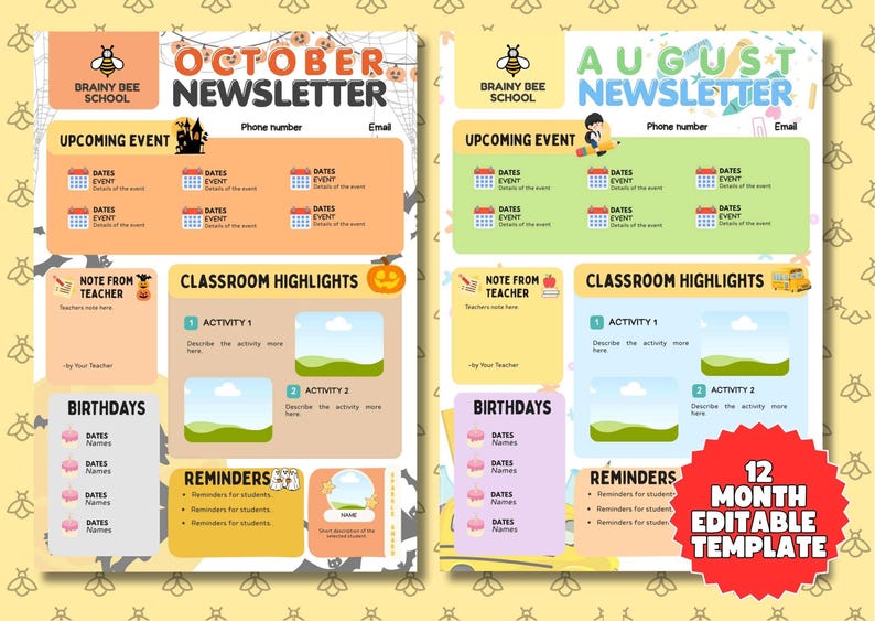 Monthly Newsletter Template Editable School 12 Months Newsletter ...