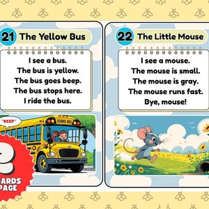 Puede incluir: Dos tarjetas did&aacute;cticas con ilustraciones y texto. Una tarjeta muestra un autob&uacute;s escolar amarillo con una ni&ntilde;a, el texto dice "The Yellow Bus". La otra tarjeta muestra un rat&oacute;n gris corriendo, con el texto "The Little Mouse".