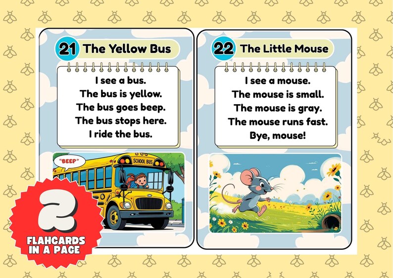 Puede incluir: Dos tarjetas did&aacute;cticas con ilustraciones y texto. Una tarjeta muestra un autob&uacute;s escolar amarillo con una ni&ntilde;a, el texto dice "The Yellow Bus". La otra tarjeta muestra un rat&oacute;n gris corriendo, con el texto "The Little Mouse".