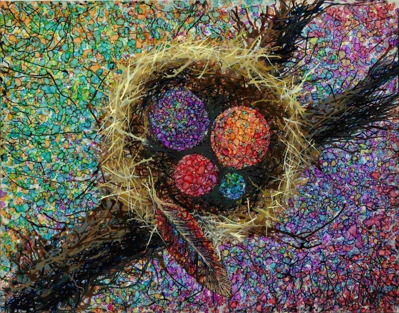 Bird Nest Colorful Abstract Painting Giclee Art Print Etsy
