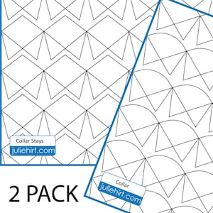 May include: Two black and white geometric patterns for collar stays. The pattern on the left is a repeating chevron design. The pattern on the right is a repeating curved design. The text "Collar Stays" and "juliehirt.com" is on a white rectangle in the upper left corner. The text "Collar" and "juliehirt.com" is on a white rectangle in the lower right corner. The text "2 PACK" is in the lower left corner.