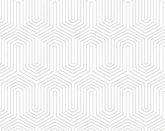 May include: A seamless pattern of interlocking geometric shapes in a light gray color on a white background. The pattern is made up of repeating lines that create a series of hexagons and squares. The pattern is called "Reverb" and is available on the website juliehirt.com.