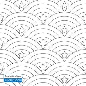 May include: Black and white line drawing of a repeating pattern of stars and arcs. The pattern is called "Baptist Fan Stars" and the website is "juliehirt.com".
