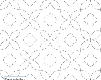 May include: Black and white line drawing of a modern lattice flower pattern. The pattern is made up of repeating geometric shapes, including circles, squares, and triangles. The design is simple and elegant, and it would be perfect for a variety of applications, such as quilting, embroidery, or wallpaper.