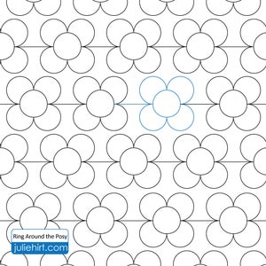 Puede incluir: Patrón repetitivo de flores estilizadas en contornos negros sobre fondo blanco. Una flor resaltada en azul. El texto "Ring Around the Posy" y "juliehirt.com" está en un rectángulo blanco en la esquina inferior izquierda.