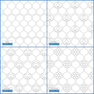 Pode incluir: Quatro padrões diferentes com um design de favo de mel e vários ícones. O padrão no canto superior esquerdo é um design de favo de mel simples. O padrão no canto superior direito apresenta um design de favo de mel com abelhas. O padrão no canto inferior esquerdo apresenta um design de favo de mel com ursos. O padrão no canto inferior direito apresenta um design de favo de mel com flores. Cada padrão inclui o texto "Honey", "Honey Bees", "Honey Bear" e "Honey Flowers" com o site "juliehirt.com".