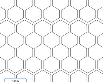 May include: A seamless pattern of black hexagons on a white background. The hexagons are arranged in a honeycomb pattern. The text "Honey" is in a white rectangle with a blue border at the bottom of the image. The text "juliehirt.com" is below the rectangle.
