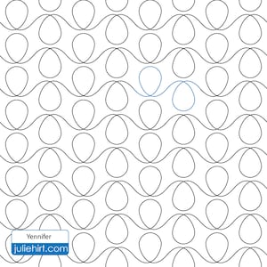 Puede incluir: Un patrón blanco y negro de círculos superpuestos, creando un diseño repetitivo. El patrón se llama "Yennifer" y está disponible en el sitio web juliehirt.com.