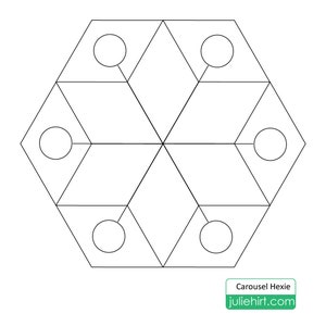 May include: A black and white line drawing of a hexagonal pattern with six circles inside. The pattern is called "Carousel Hexie" and the website is "juliehirt.com".