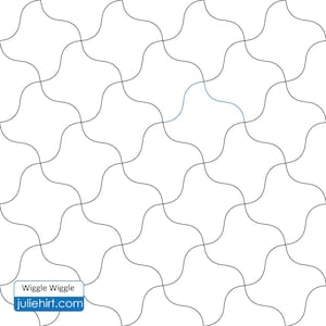 May include: Black and white line art pattern with a blue line in the center. The pattern is called "Wiggle Wiggle" and the website is "juliehirt.com".