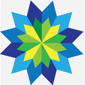 May include: A blue, green, and yellow starburst design with a symmetrical pattern.